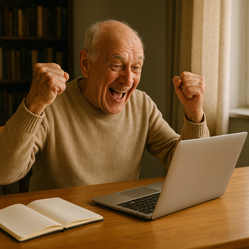 Happy, freee retired man. affilliate marketing,